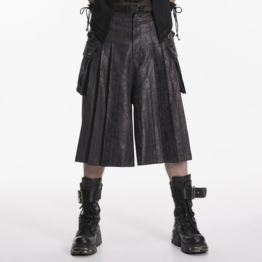 Punk Rave WK-804 men's kilt shorts in black pinstripe material with a pleated front view in cyberpunk gothic style.
