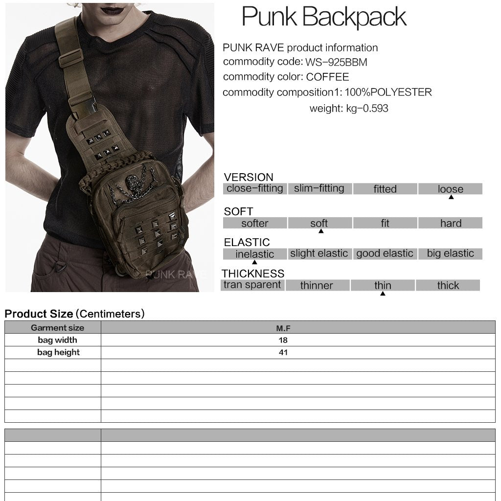 Punk Rave WS-925 post-apocalyptic bag with product, material and dimensions information.