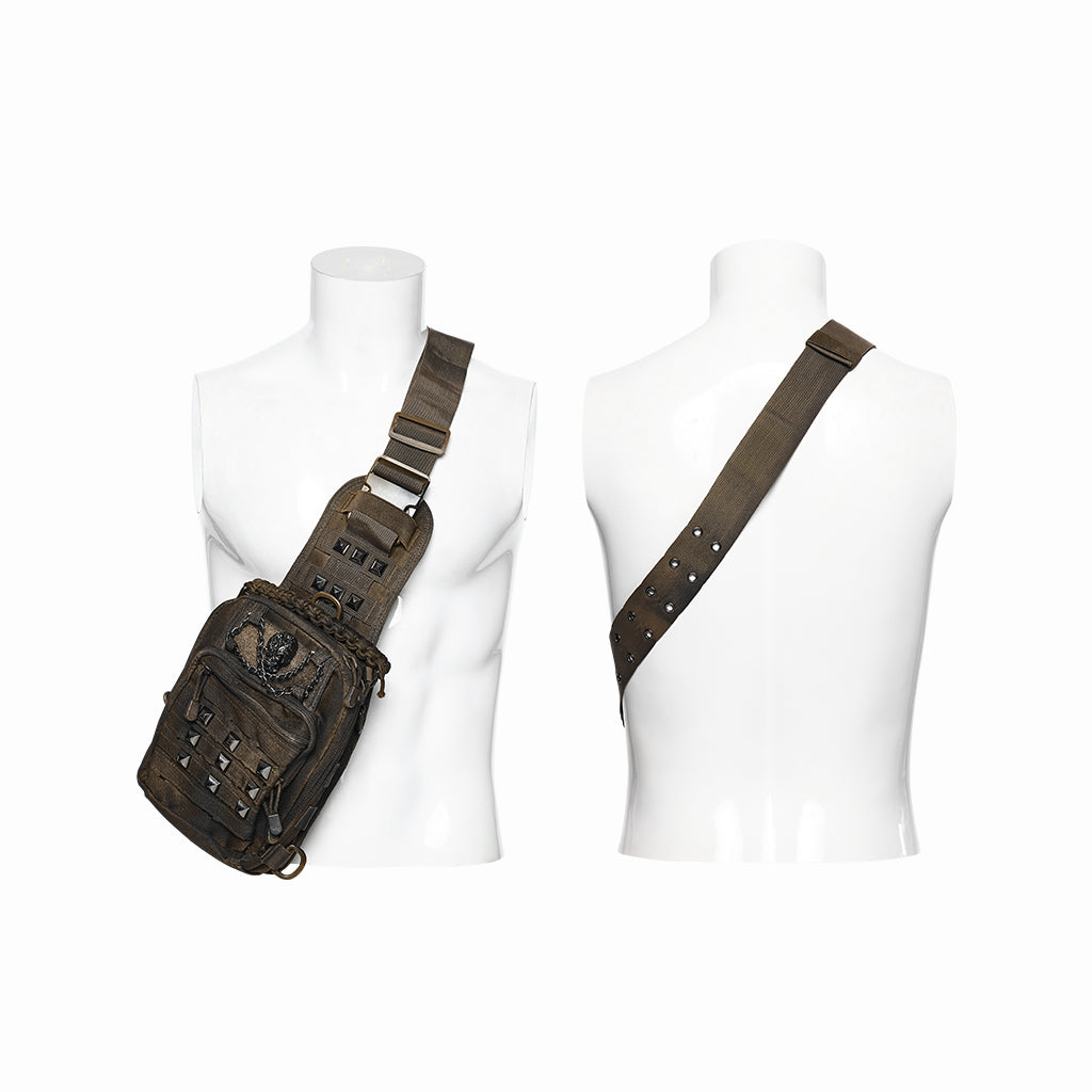 Punk Rave WS-925 khaki brown bag showing front and back view. It displays the cyberpunk look on a mannequin.