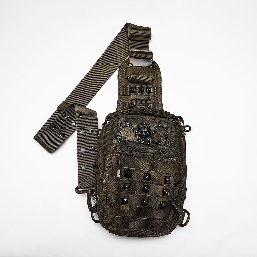 Punk Rave WS-925 khaki brown compact shoulder bag showing front view of the post-apocalyptic design.