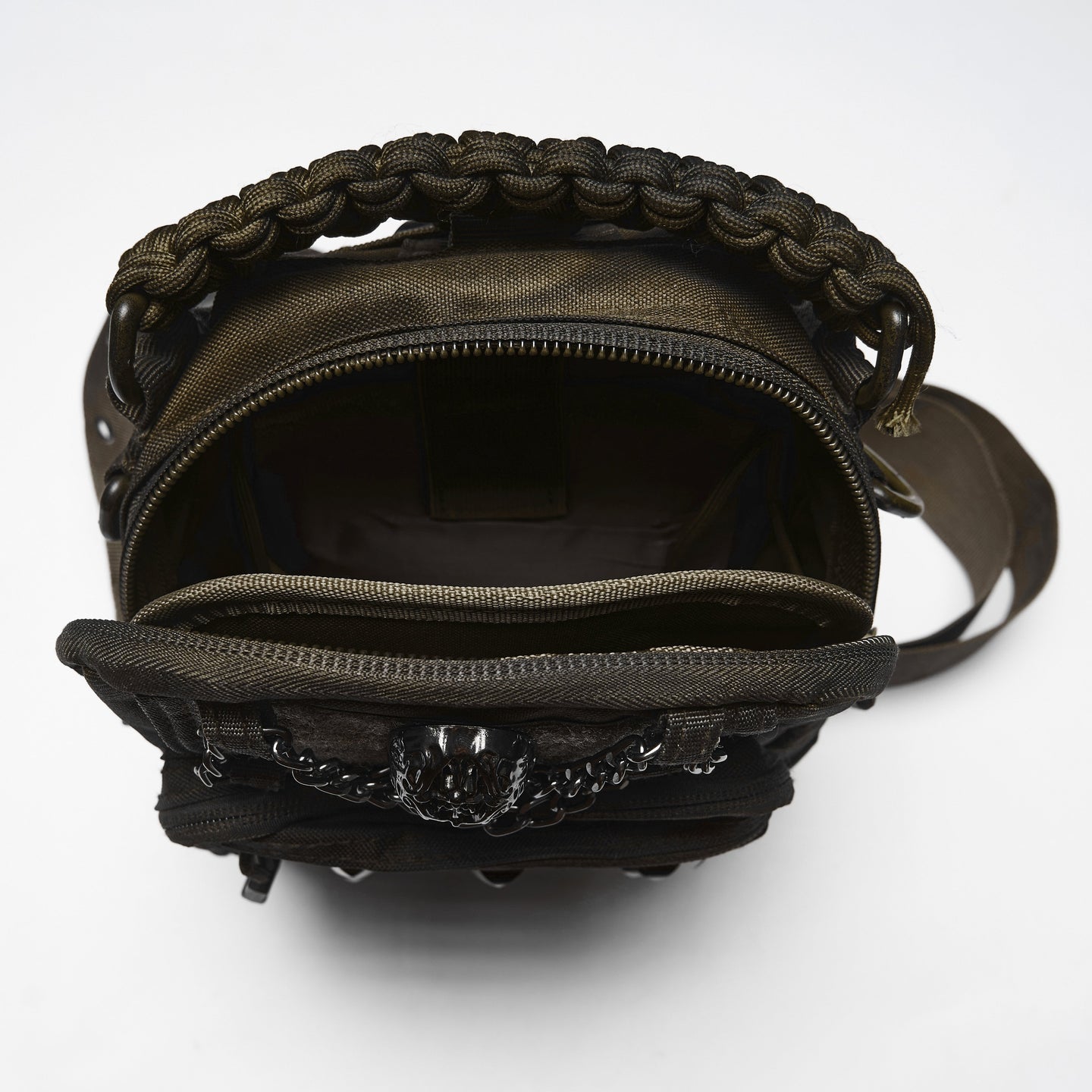 Punk Rave WS-925 khaki brown bag top view showing the open main compartment of the waterproof fabric detail.
