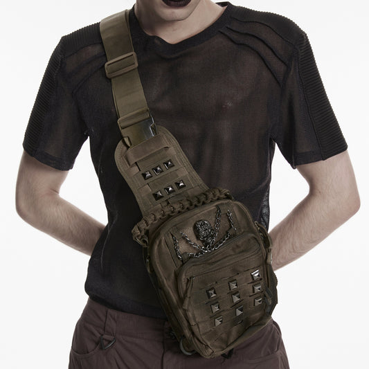 Punk Rave WS-925 khaki brown crossbody bag showing front view of the cyberpunk design.