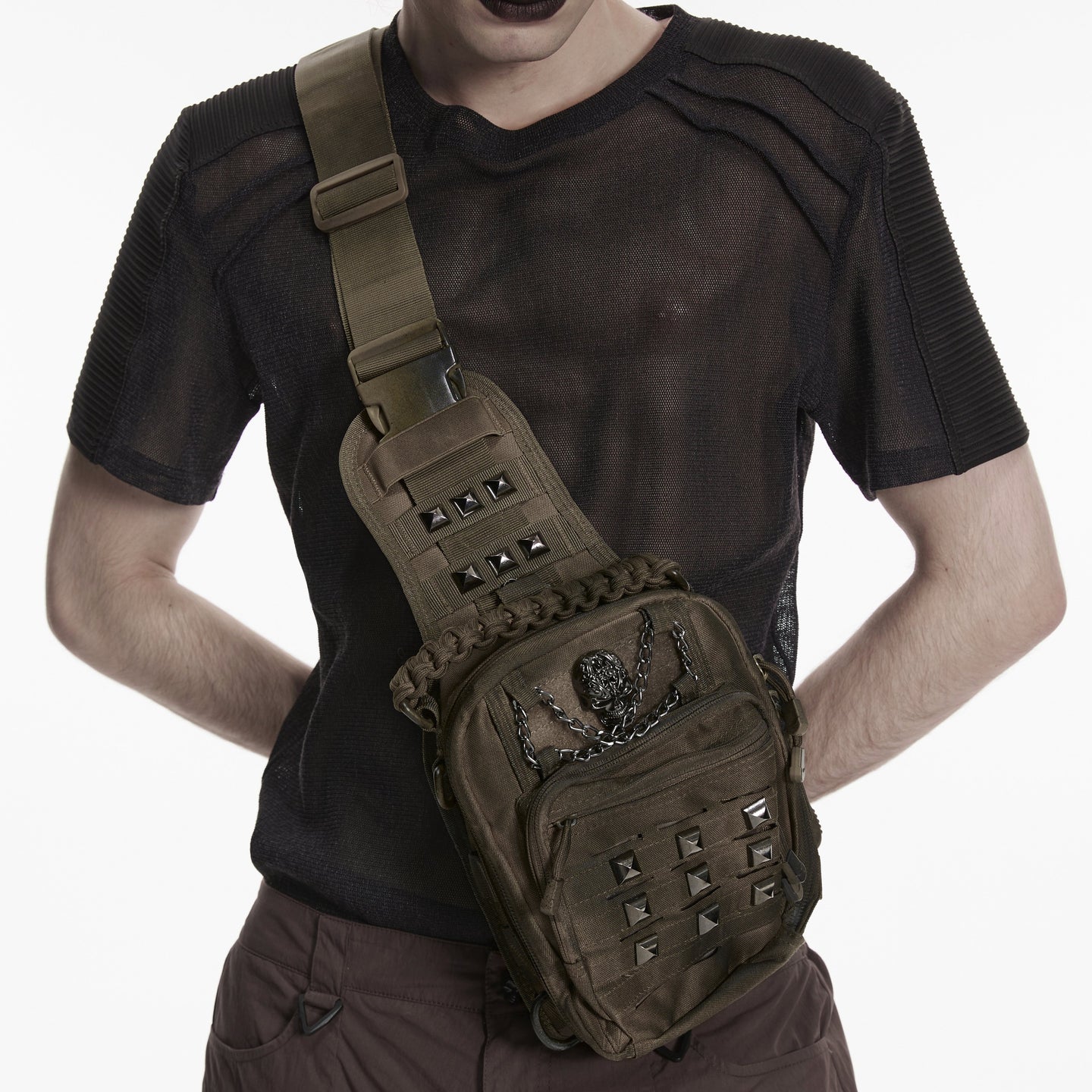 Punk Rave WS-925 khaki brown crossbody bag showing front view of the cyberpunk design.