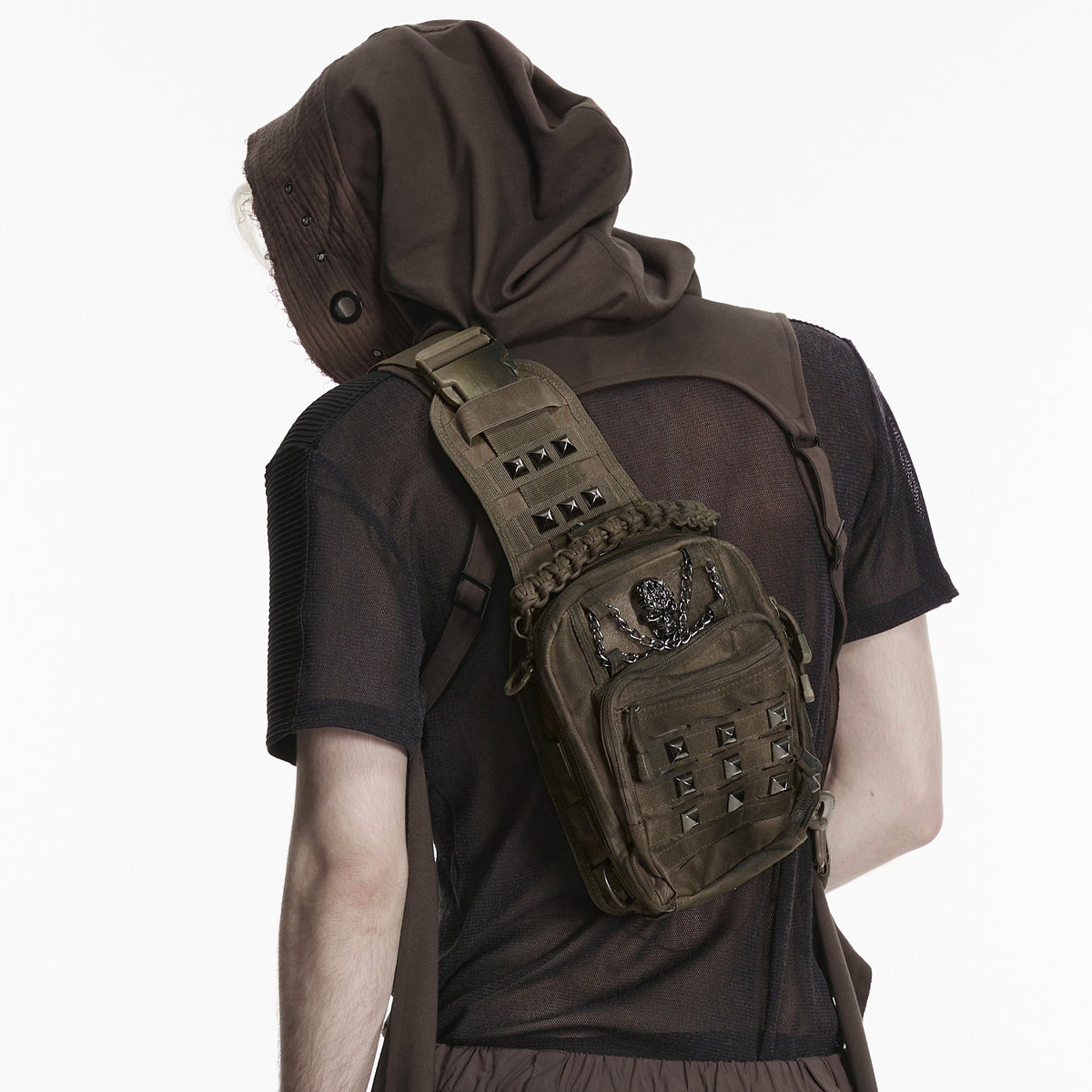 Punk Rave WS-925 khaki brown crossbody bag front view showcasing the alternative metal studs detail.