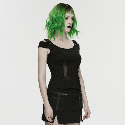 Punk Rave WT-1065 womens black dark punk top side view showcasing the open shoulder design.