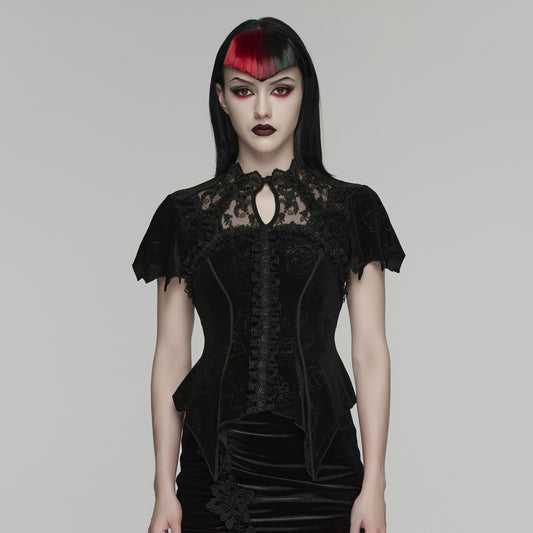 Punk Rave WT-1076 black velvet rose womens top front view in Romantic Gothic style.