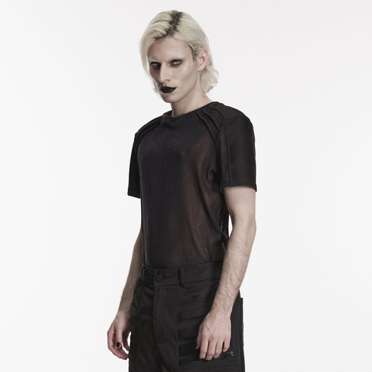 Punk Rave WT-1117 mens black cyberpunk T-shirt side view showing the pleated shoulder panel.