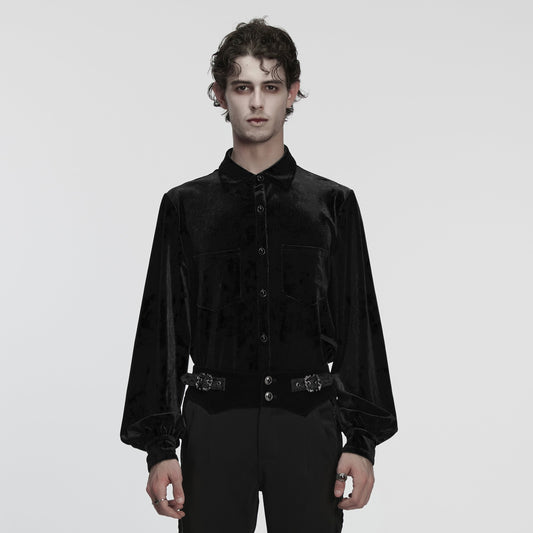 Punk Rave WY-1864 mens black gothic shirt front view featuring textured crushed velvet and a classic collar.