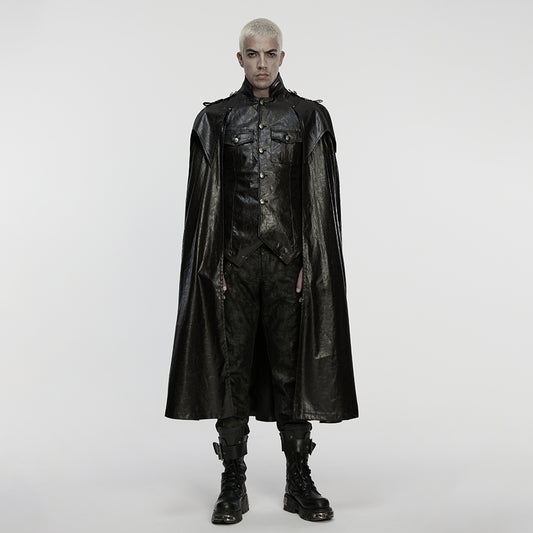 Punk Rave WY-1876 mens black gothic post apocalyptic style cape coat worn by a model in a front view.