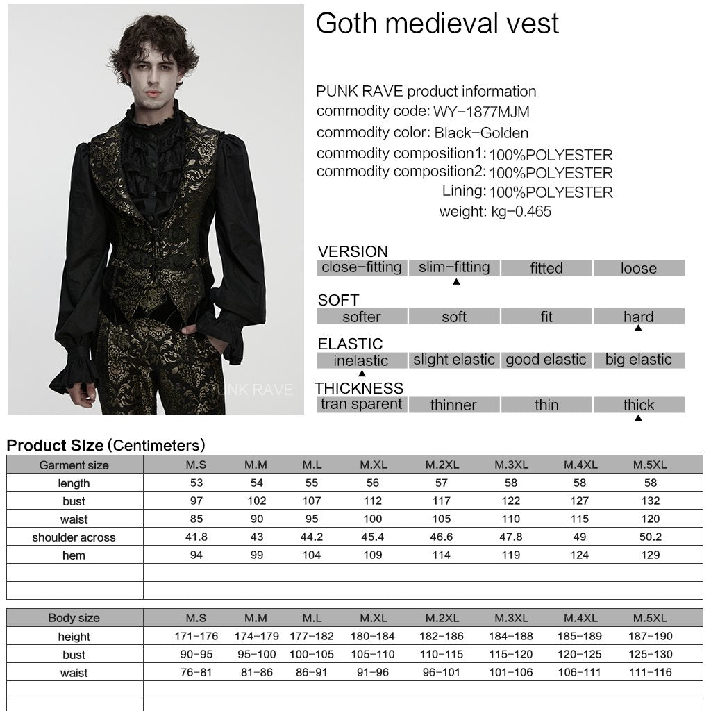 Punk Rave WY-1877 black and gold mens gothic vest image containing product, material and size details.