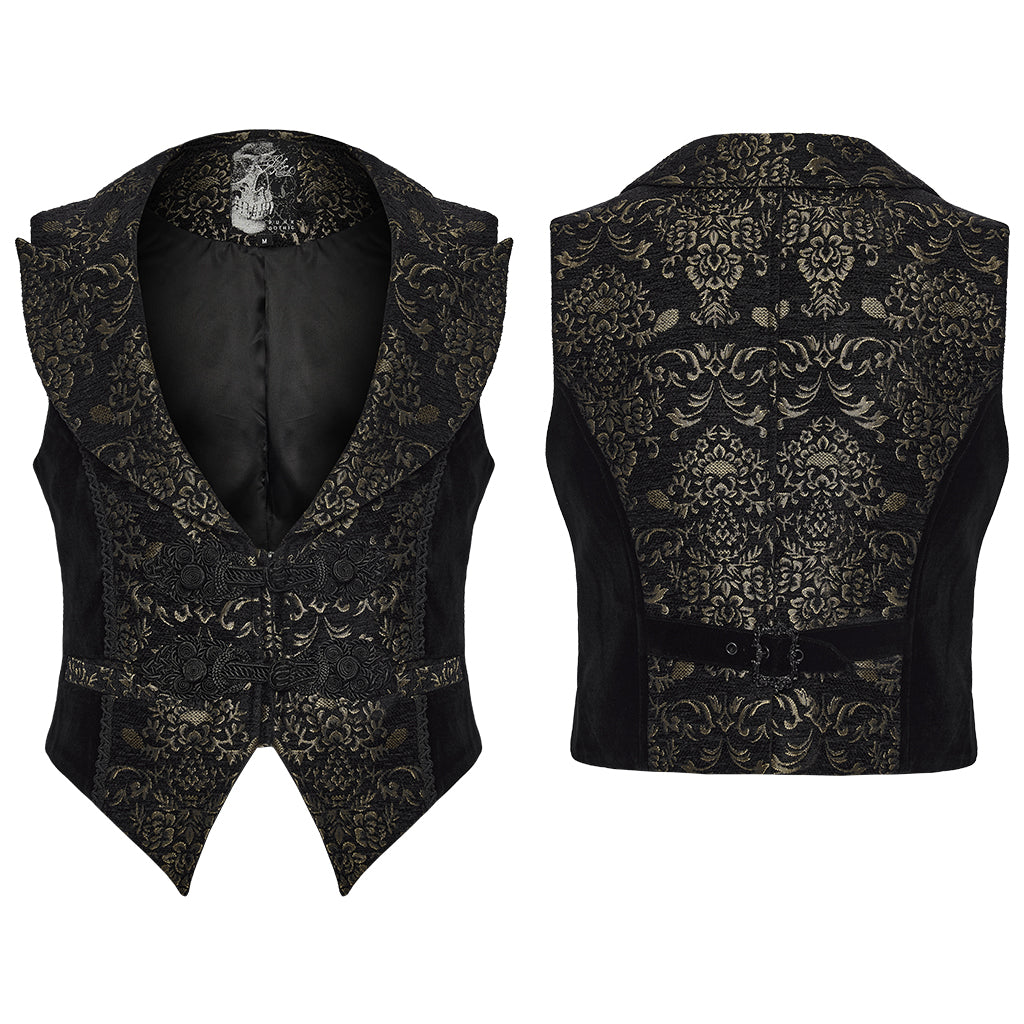 Punk Rave WY-1877 mens black and gold victorian gothic vest showing both front and back view.