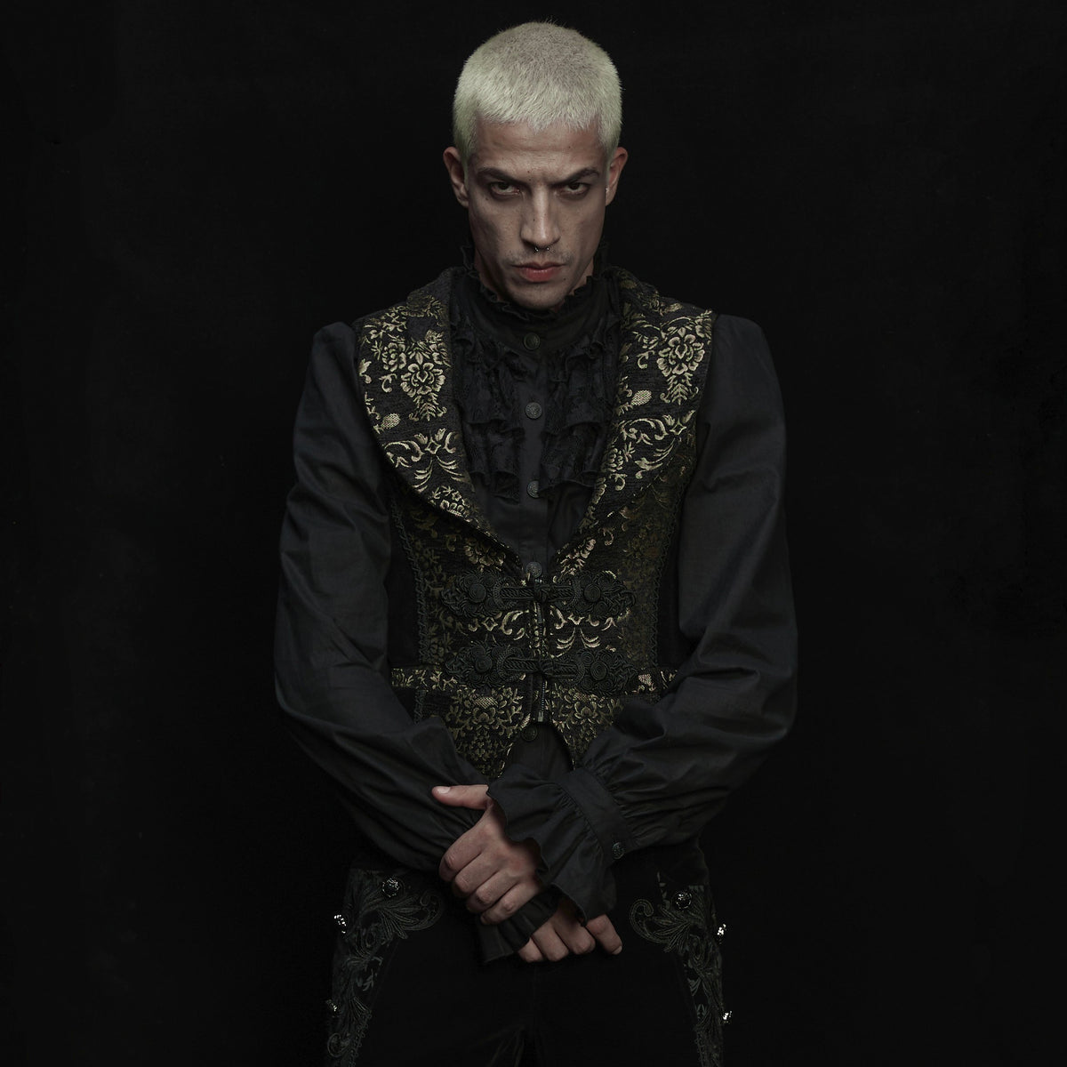 Punk Rave WY-1877 mens black and gold victorian gothic vest with a sharp pointed front hem.