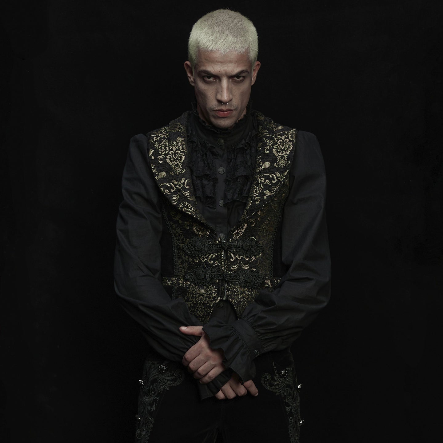 Punk Rave WY-1877 mens black and gold victorian gothic vest with a sharp pointed front hem.
