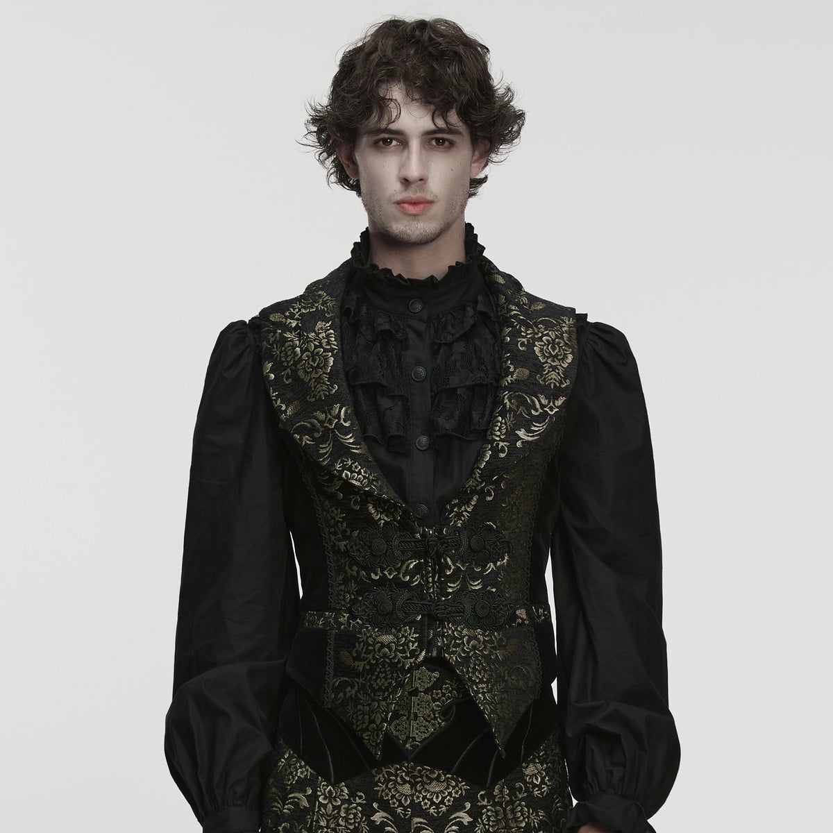 Punk Rave WY-1877 mens black and gold victorian gothic jacquard vest with velvet accents in tailored fit.
