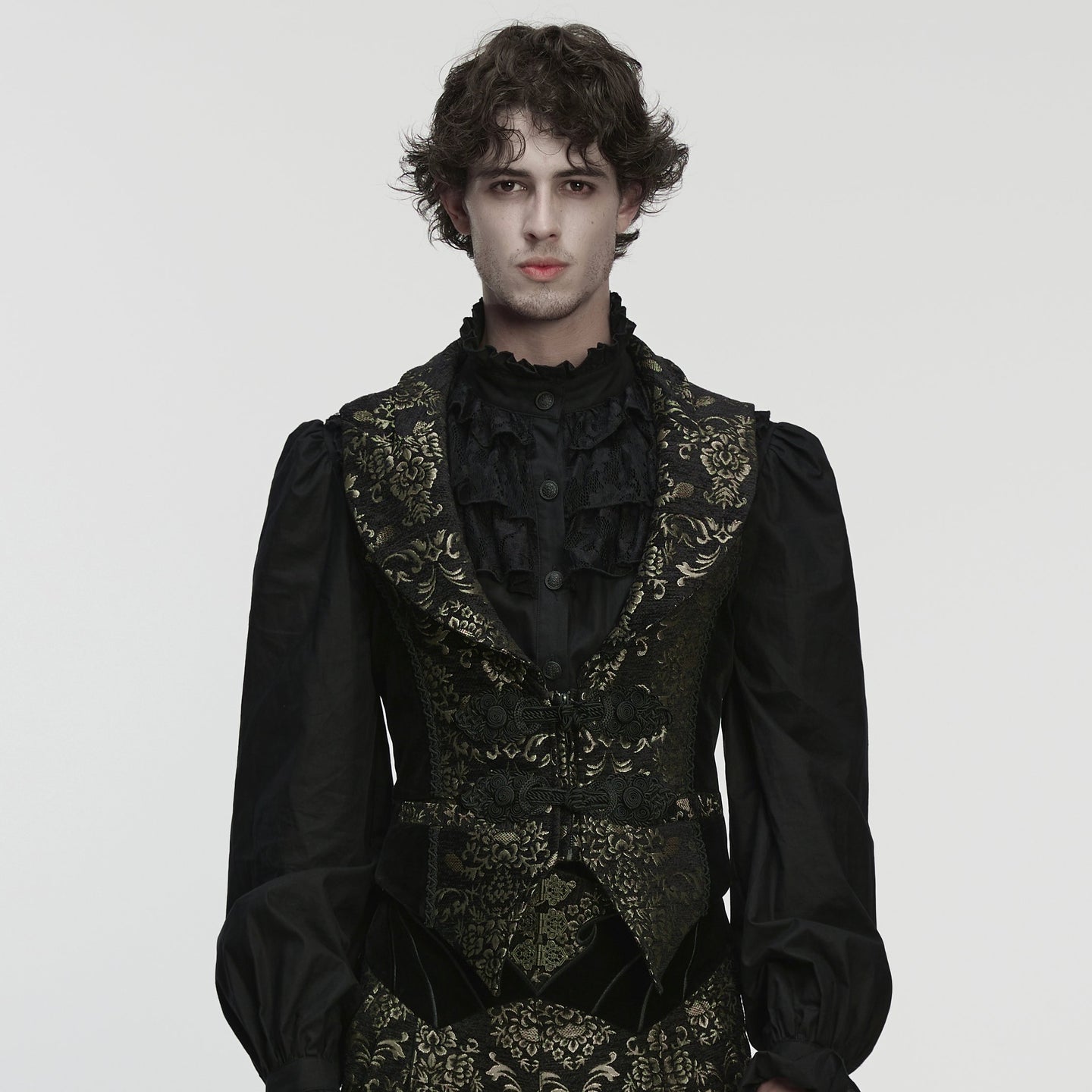 Punk Rave WY-1877 mens black and gold victorian gothic jacquard vest with velvet accents in tailored fit.