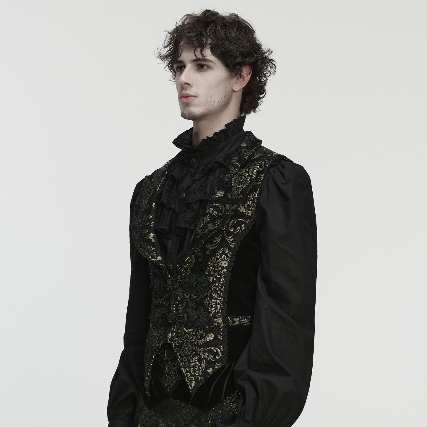 Punk Rave WY-1877 mens black and gold victorian gothic jacquard vest showcasing black velvet accents.