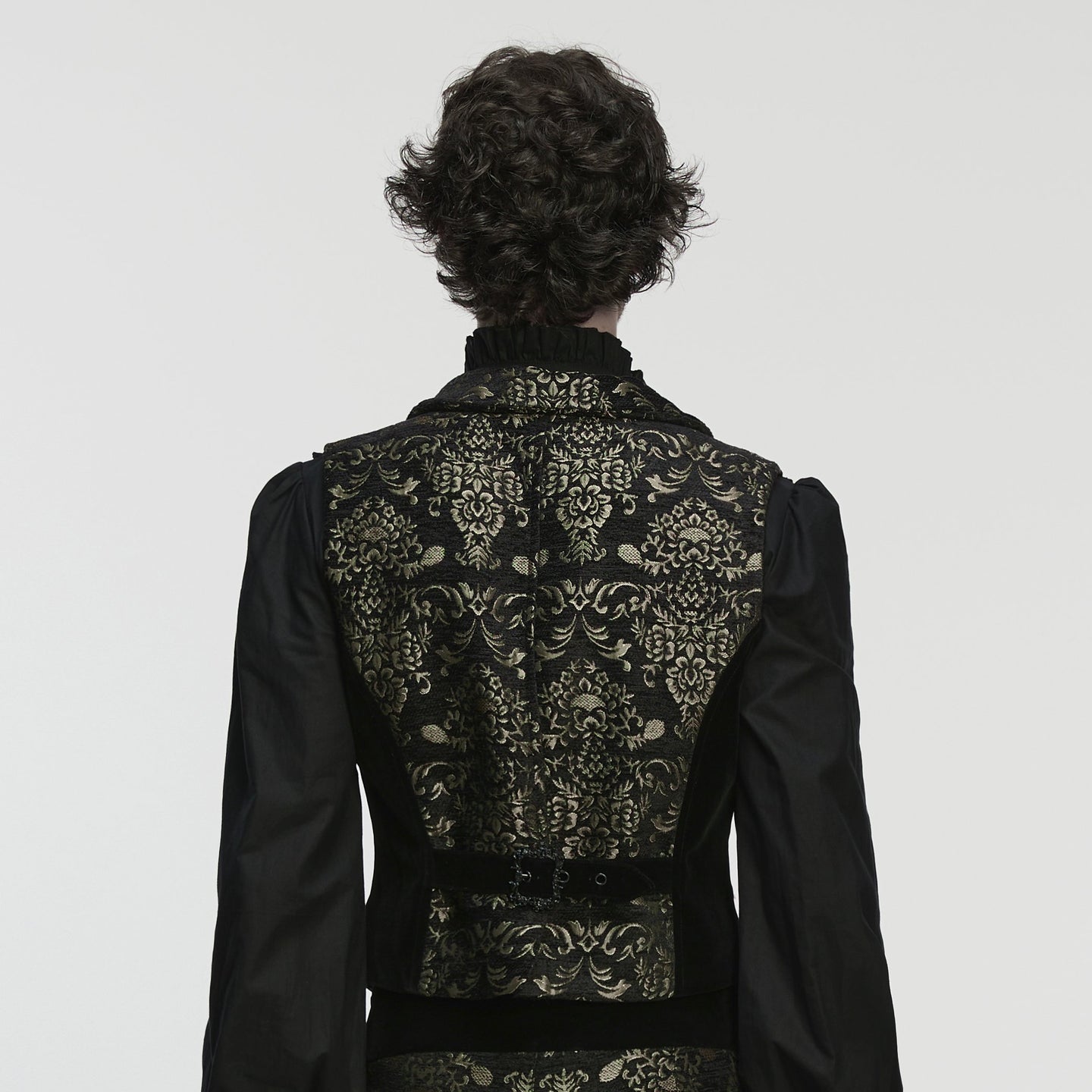 Punk Rave WY-1877 mens black and gold victorian gothic jacquard vest back view.