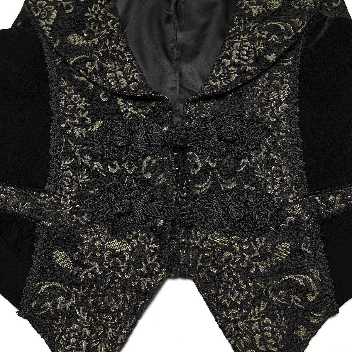 Punk Rave WY-1877 mens black and gold victorian gothic vest focusing on decorative oriental button closures and textured jacquard.