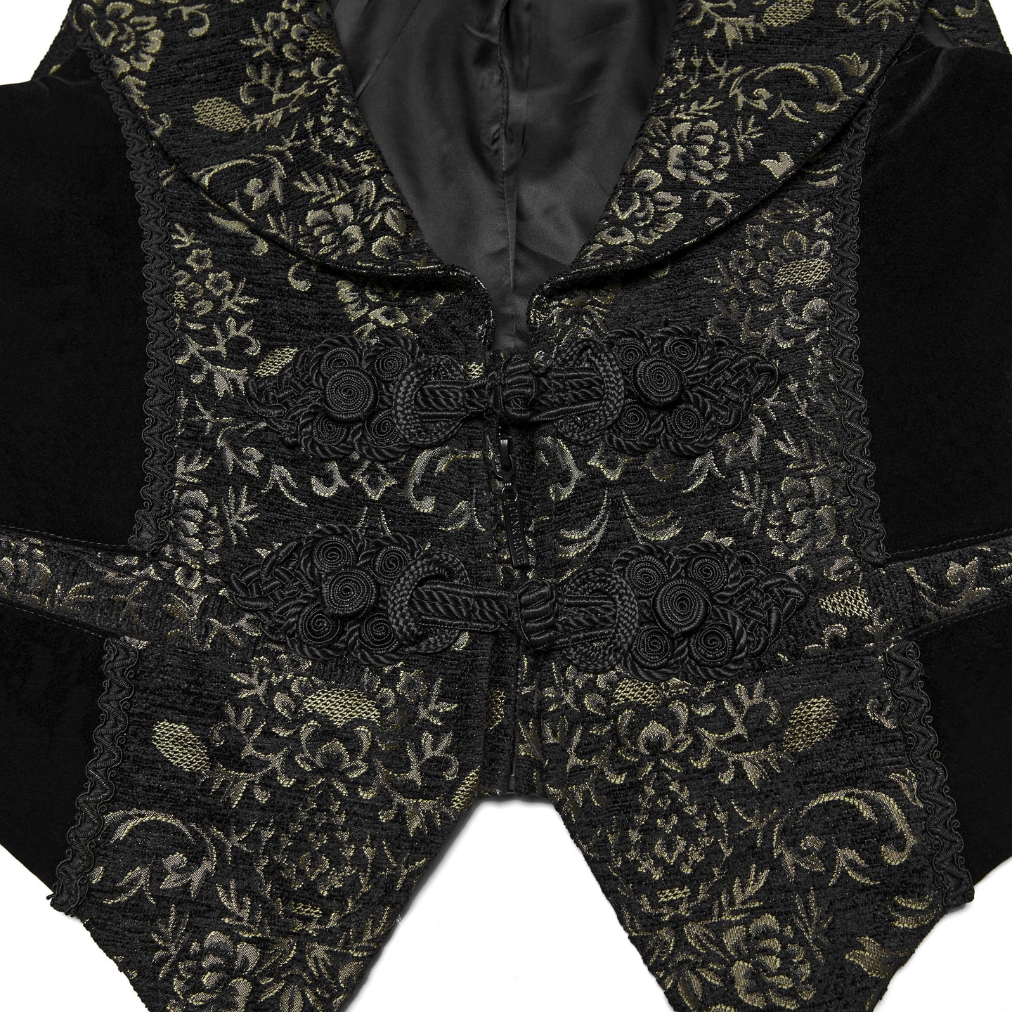 Punk Rave WY-1877 mens black and gold victorian gothic vest focusing on decorative oriental button closures and textured jacquard.