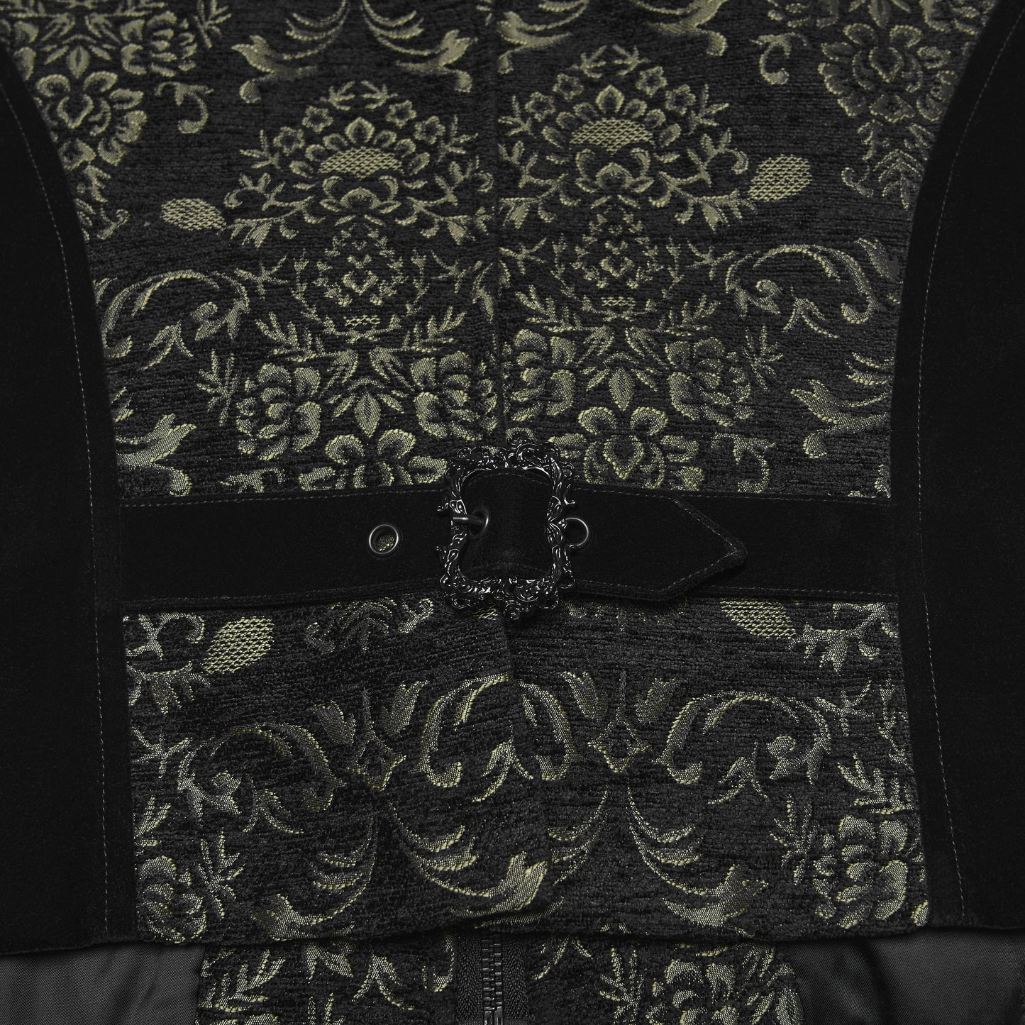 Punk Rave WY-1877 mens black and gold victorian gothic vest focusing on the adjustable back strap with metal buckle.