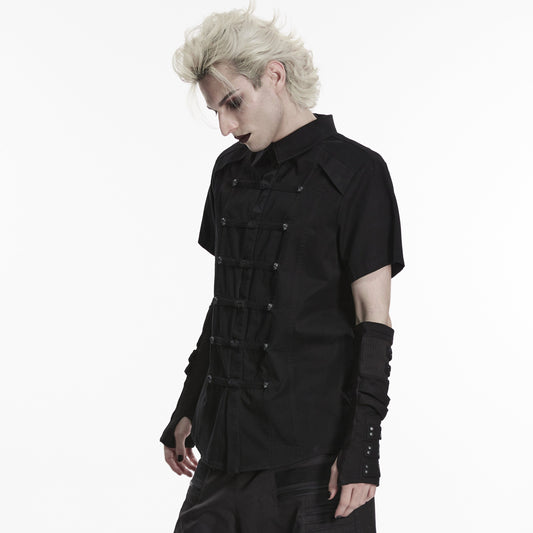 Punk Rave WY-1950 mens black Asian nu goth shirt side view showing the short sleeves and comfortable relaxed fit.