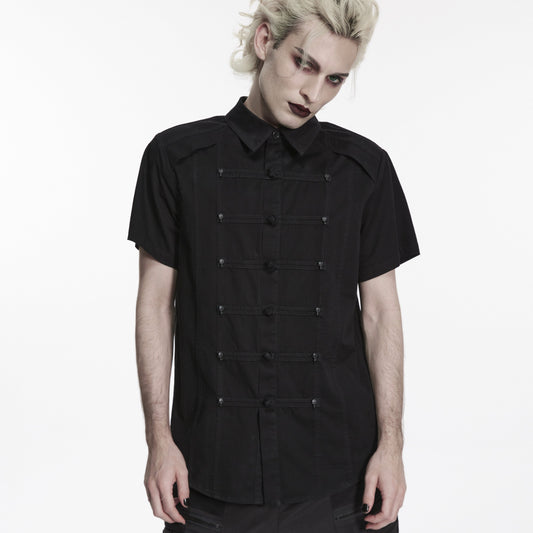Punk Rave WY-1950 mens black corporate goth shirt front view with decorative Chinese buttons and a classic collar.