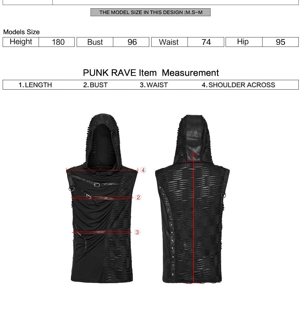 Punk Rave WT-1003 gothic top with measurement instructions for length, bust, waist and shoulder across.