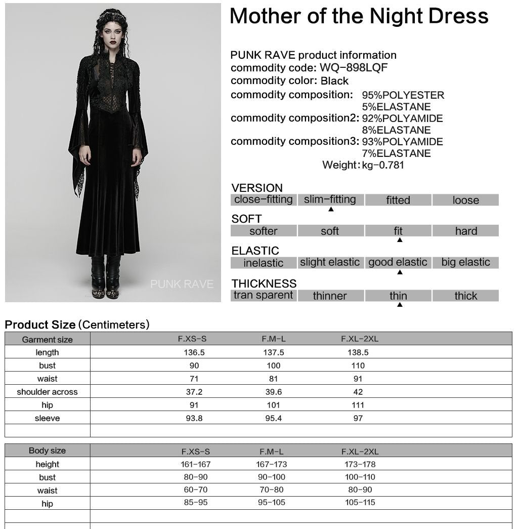 Punk Rave WQ-898 black romantic gothic dress with product, material and size information.