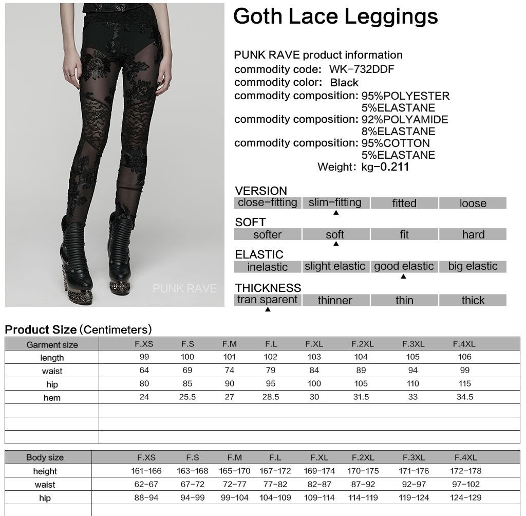 Punk Rave WK-732 gothic leggings info image with product material and size details.