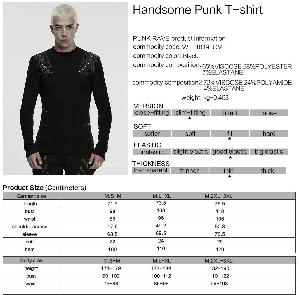 Punk Rave WT-1049 gothic top with product, material and size information.