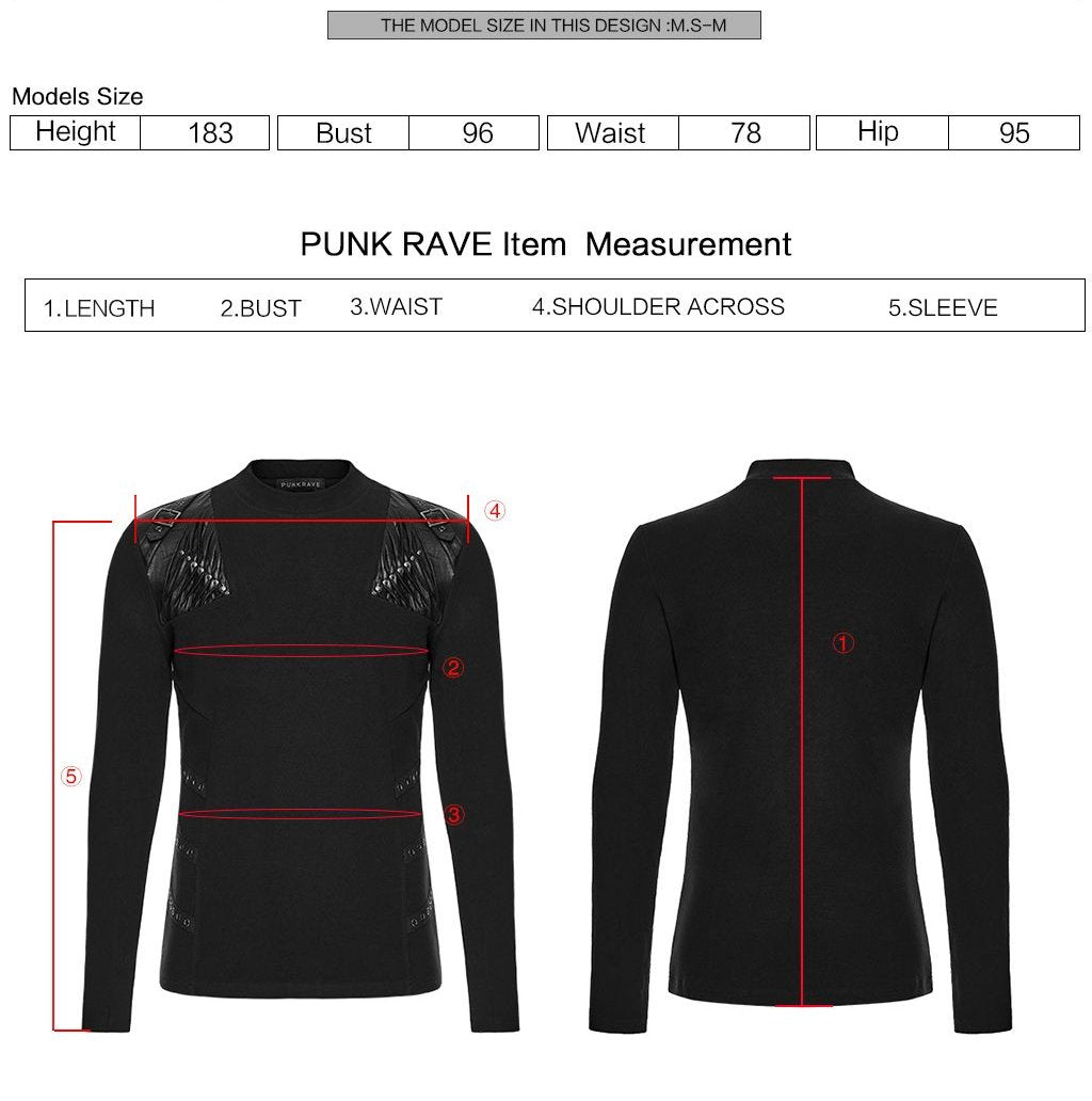 Punk Rave WT-1049 gothic top with measurement instructions for length, bust, waist, shoulder across and sleeve.
