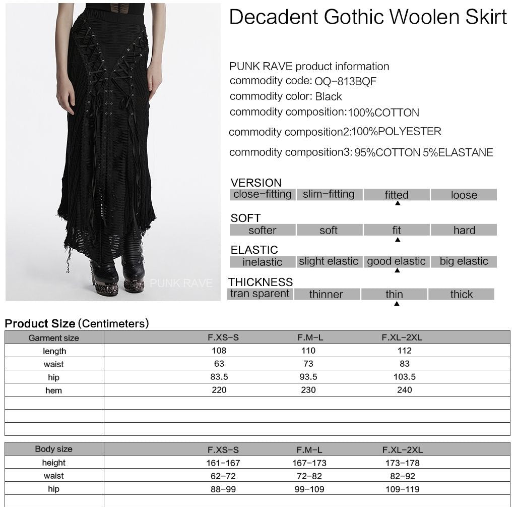 Punk Rave OQ-813 gothic maxi skirt with product material and size information.