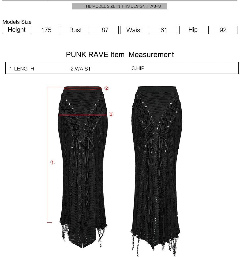 Punk Rave OQ-813 gothic maxi skirt with measurement instructions for length waist and hip.