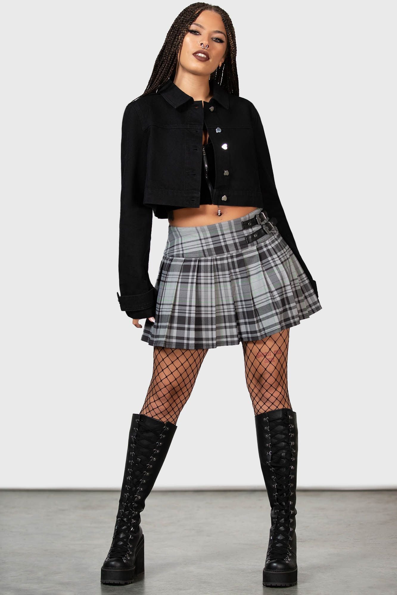 Killstar Bat Girl Skirt Grey Tartan