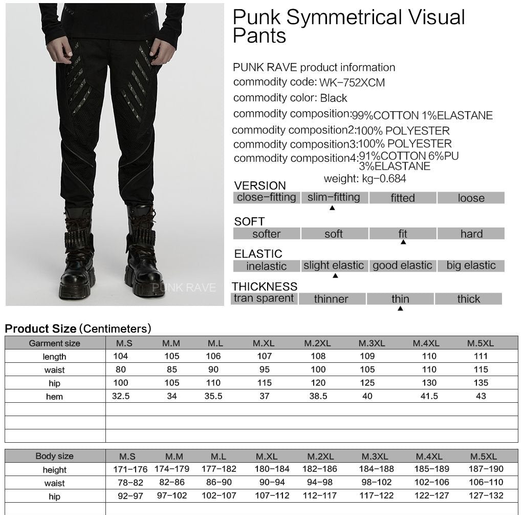 Punk Rave WK-752 techwear trousers with product, material and size information.