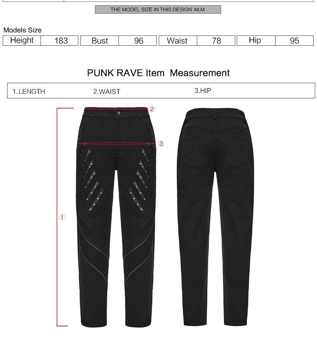 Punk Rave WK-752 techwear trousers with length, waist and hip measuring instructions.