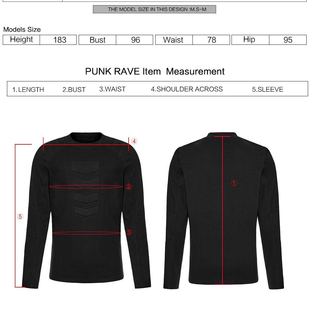Punk Rave WT-1050 techwear long sleeve top with length, bust, waist, shoulder across and sleeve measuring instructions.