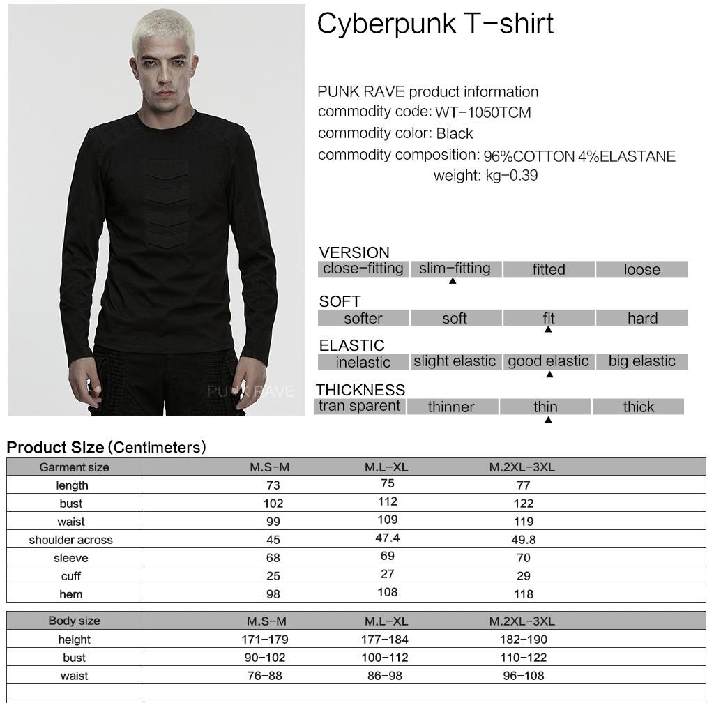 Punk Rave WT-1050 techwear long sleeve top with product, material and size information.