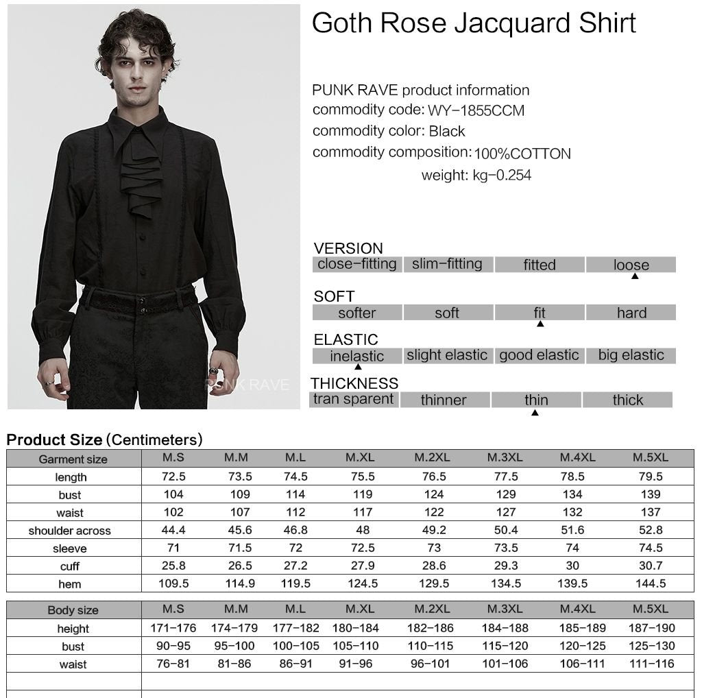 Punk Rave WY-1855 gothic shirt with product material and size information.