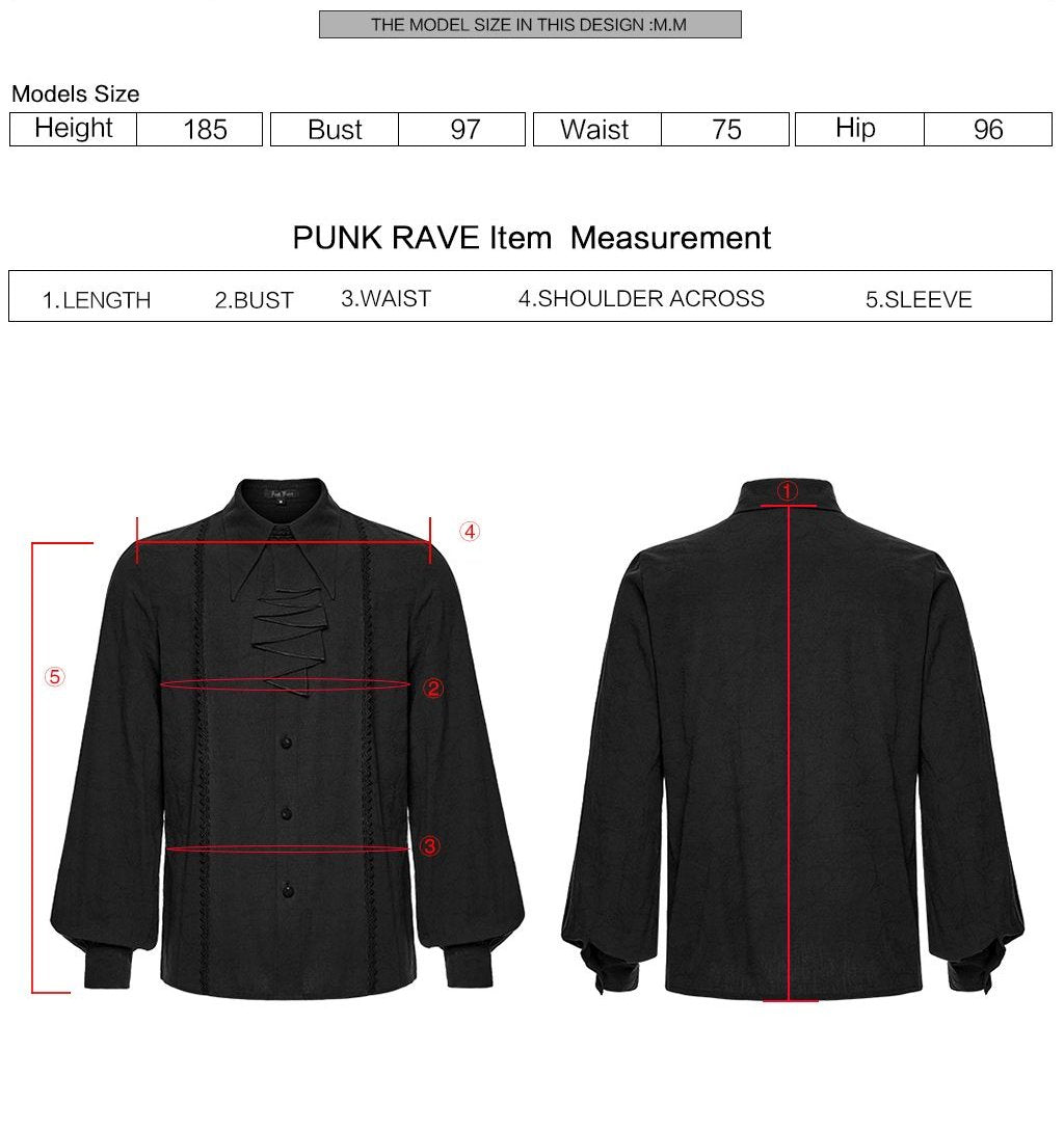 Punk Rave WY-1855 gothic style shirt with measurement instructions for length bust waist shoulder across and sleeve.