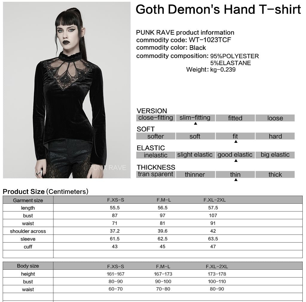 Punk Rave WT-1023 romantic gothic top info image with product material and size details.