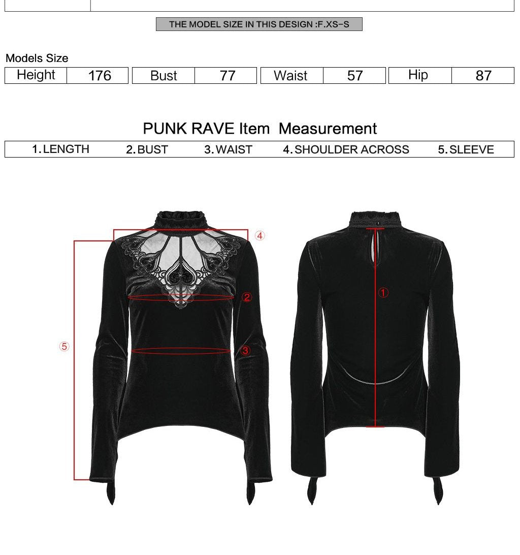 Punk Rave WT-1023 measurement instructions for length bust waist shoulder across and sleeve.