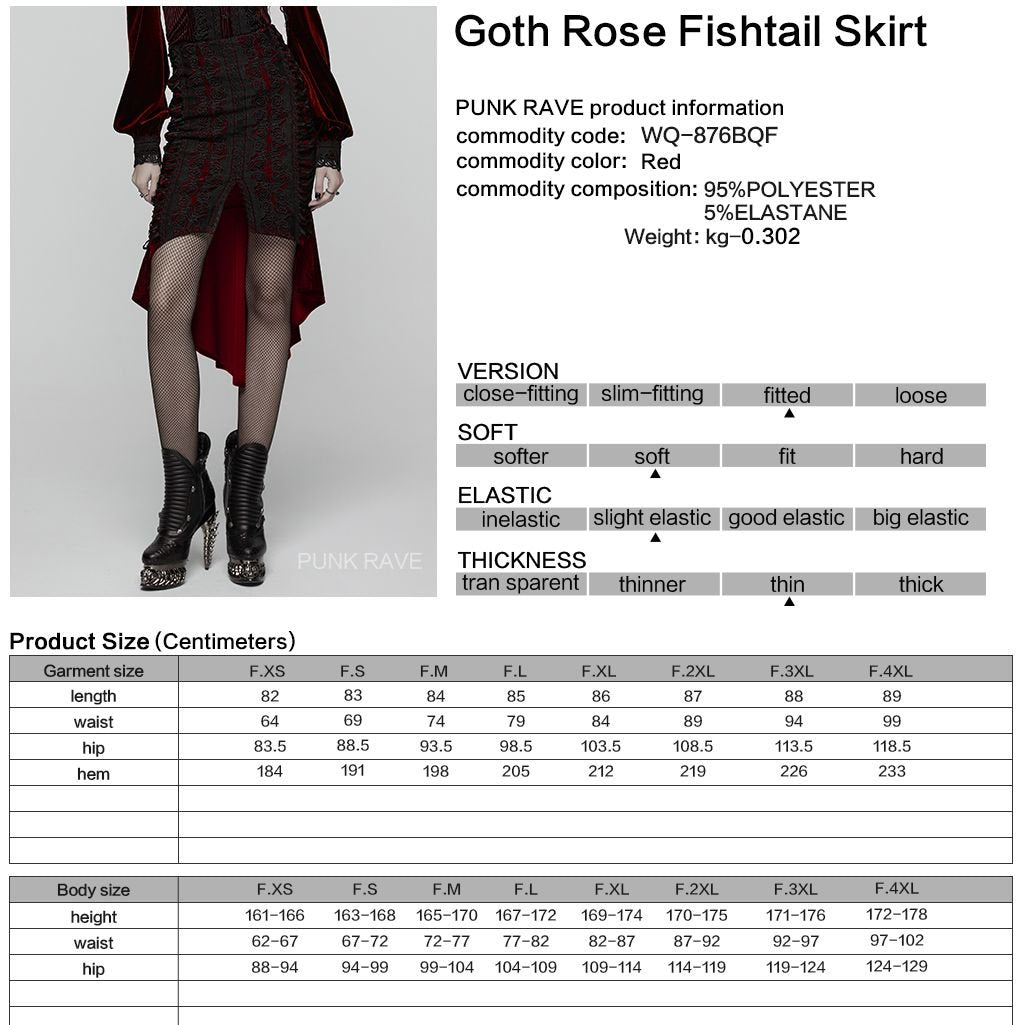 Punk Rave WQ-876 witchy gothic red and black midi skirt with product material and size information.