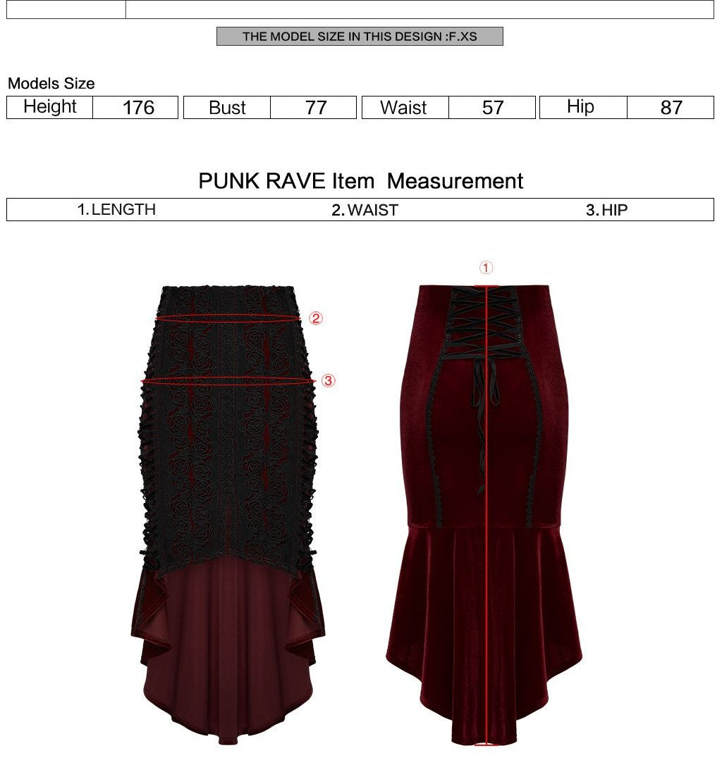 Punk Rave WQ-876 witchy red and black midi skirt with measurement instructions for length waist and hip.
