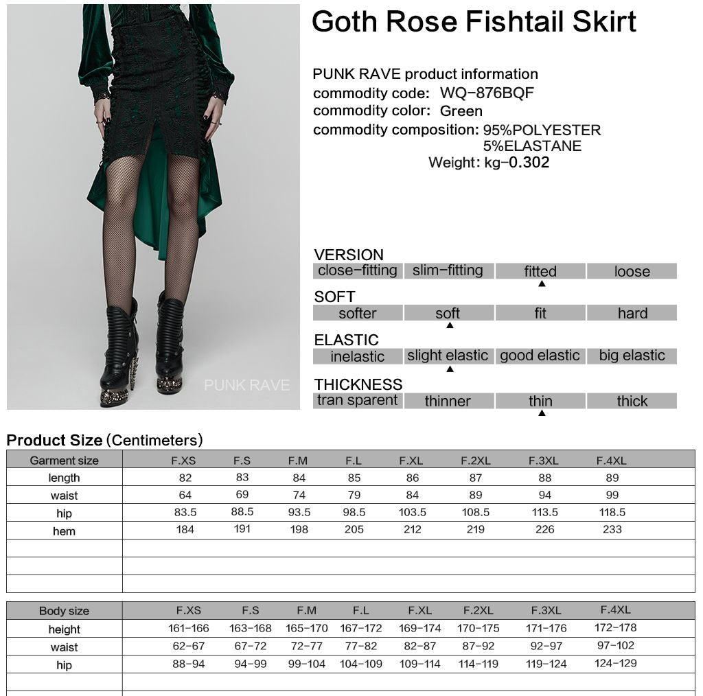 Punk Rave WQ-876 alternative style green and black midi skirt with product material and size information.