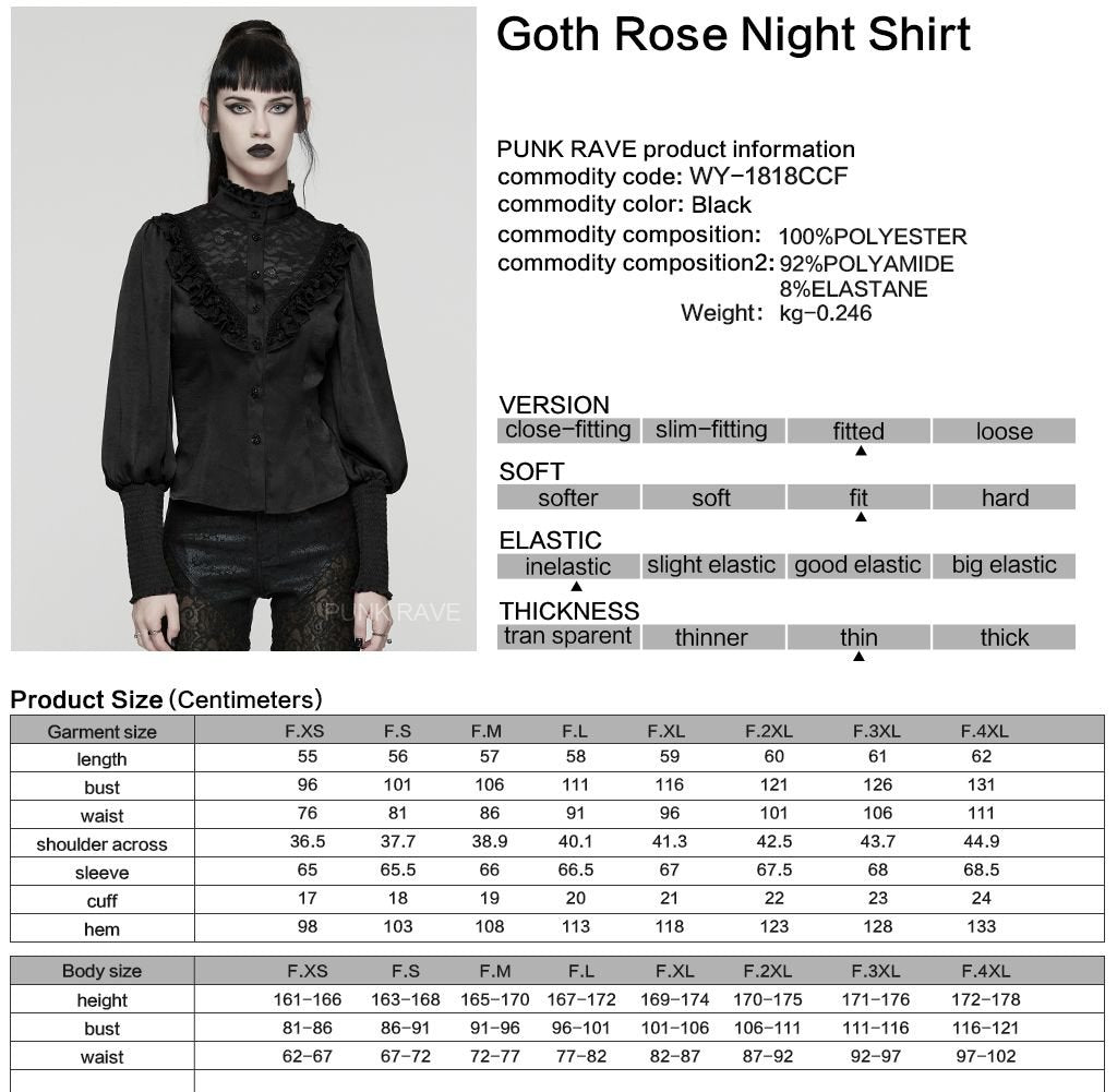 Punk Rave WY-1818 black romantic gothic style product details, material and size chart.