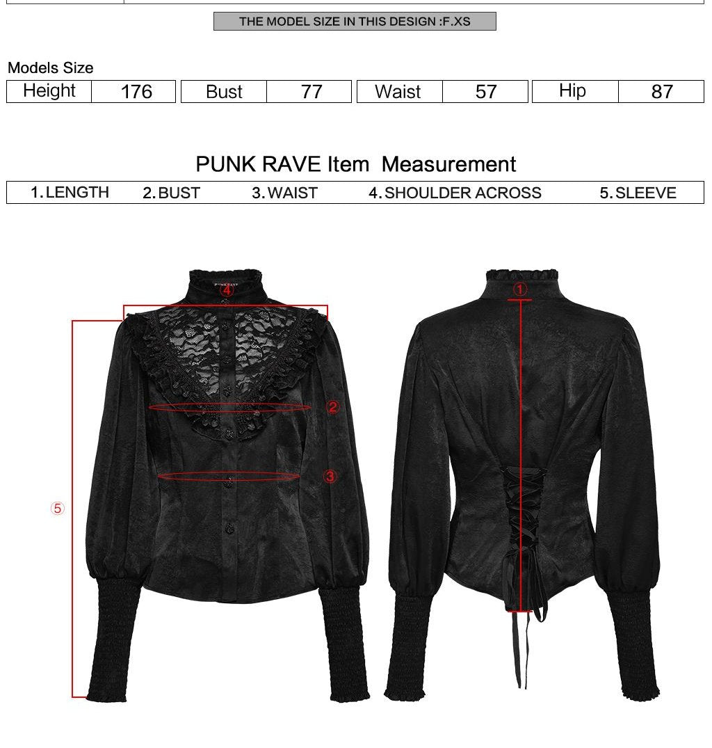 Punk Rave WY-1818 sizing diagram with measurement steps for blouse length, bust, waist, shoulder across and sleeve.