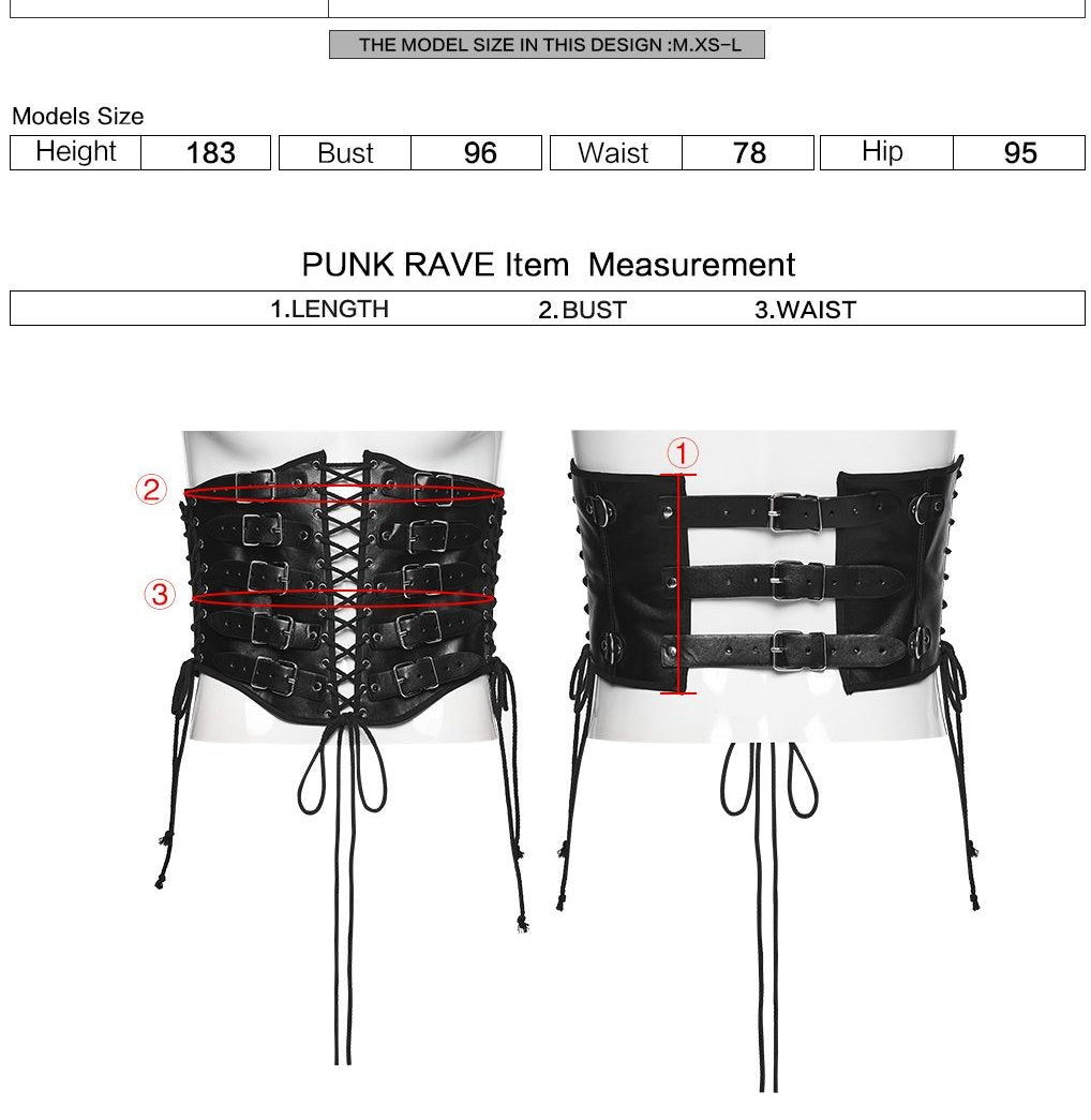 Punk Rave WS-852 gothic corset belt with measurement instructions for length, bust and waist.