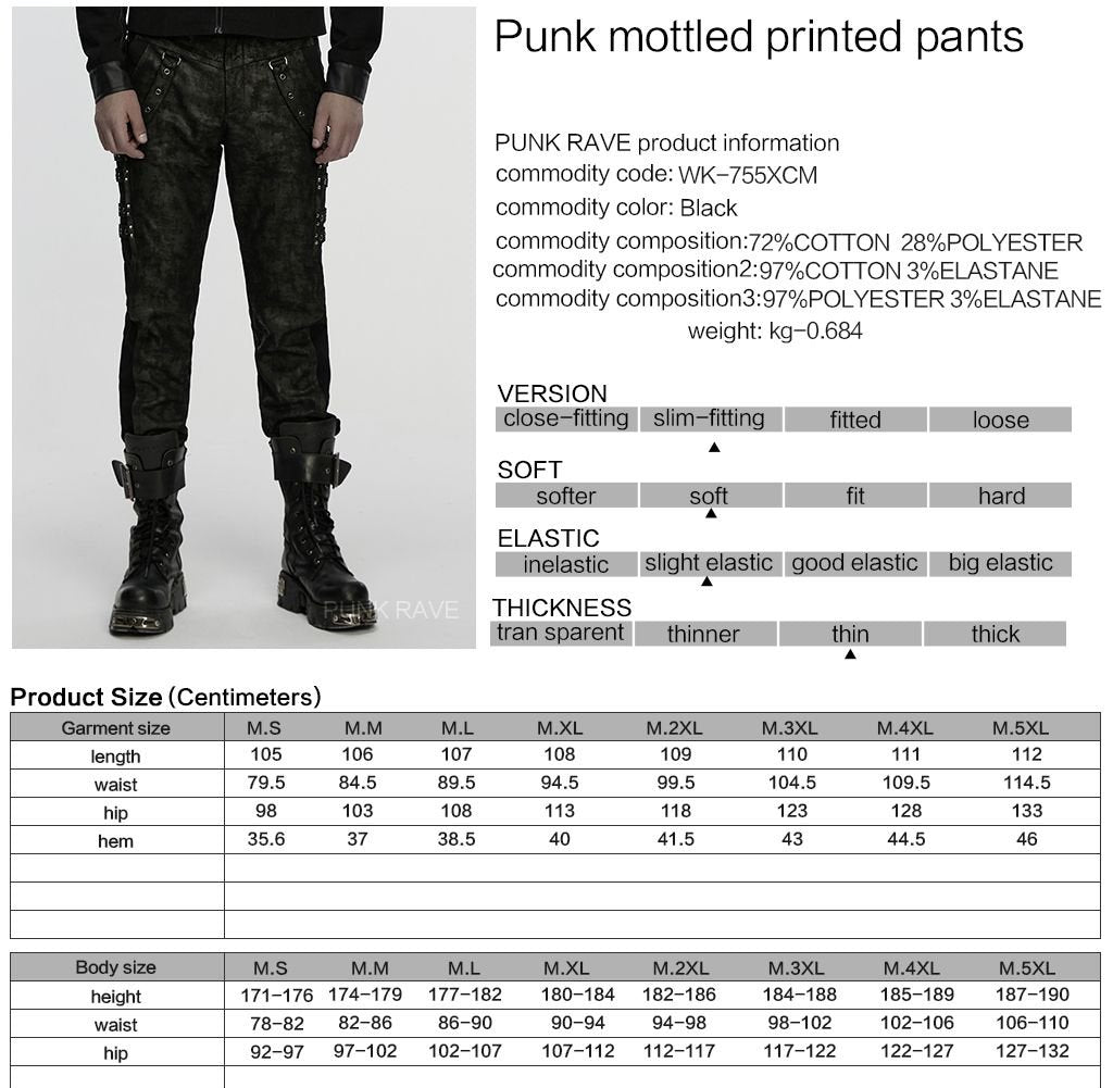 Punk Rave WK-755 dark punk pants with product, material and size information.