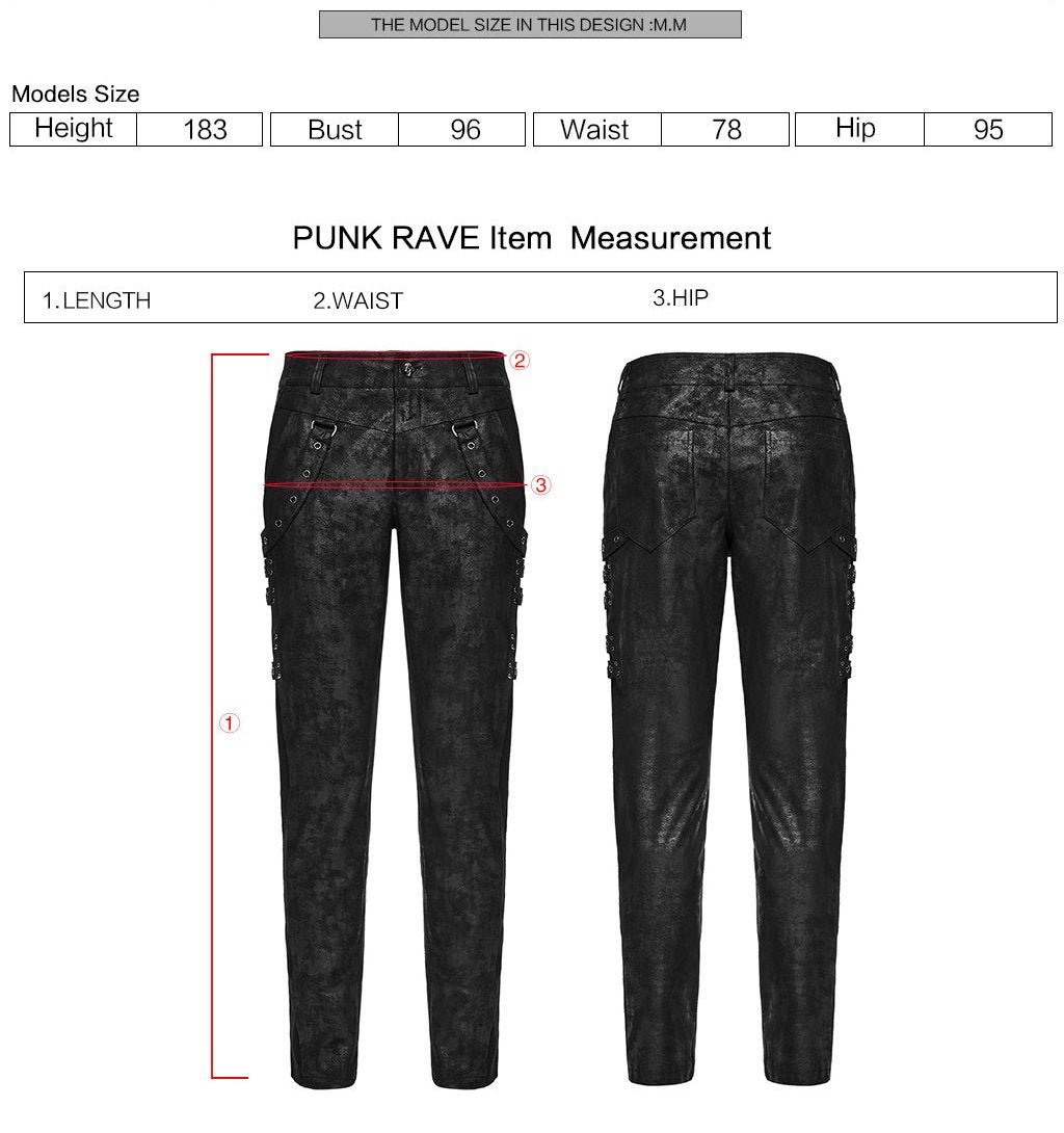 Punk Rave WK-755 dark punk pants with measurement instructions for length, waist and hip.